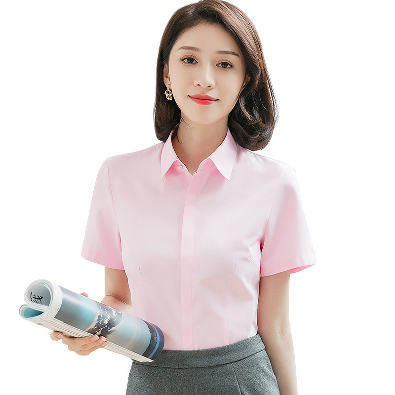 New Style Summer Business Wear Shirt with Vertical Collar Women's Short-sleeved OL Elegant Korean Style Slim-fit Half-sleeved Slim Look Tooling White Lining