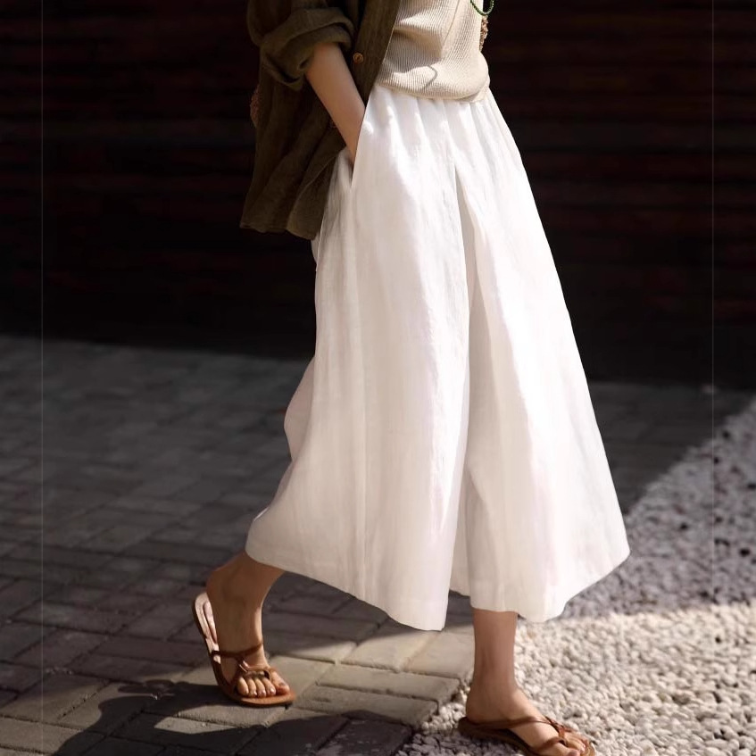 Quần culottes ống rộng vải lanh mỏng mát mùa hè nữ — Trắng sứ trơn, Xanh ngọc bích
