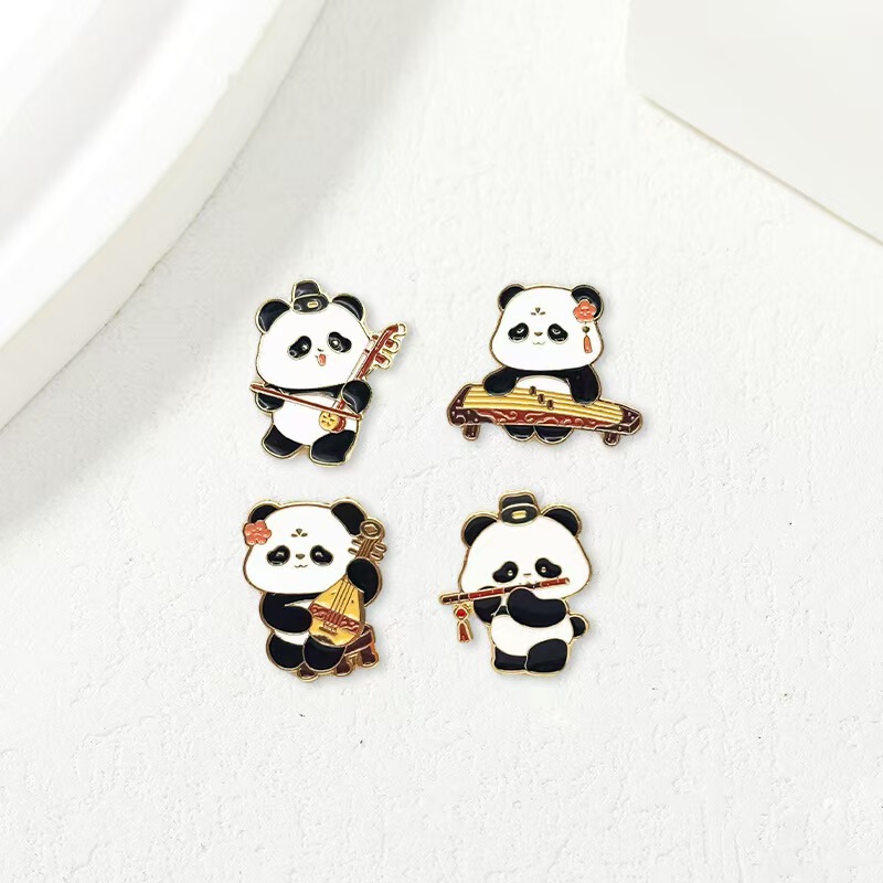 Chinese Style Classical Musical Instrument Cute Panda Metal Brooch National Trend Cultural and Creative Badge Bag Clothing Accessories Decoration