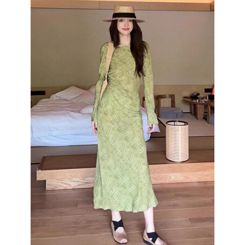 法式复古印花长袖连衣裙女2025夏季薄款高级感气质显瘦修身长裙子|undefined