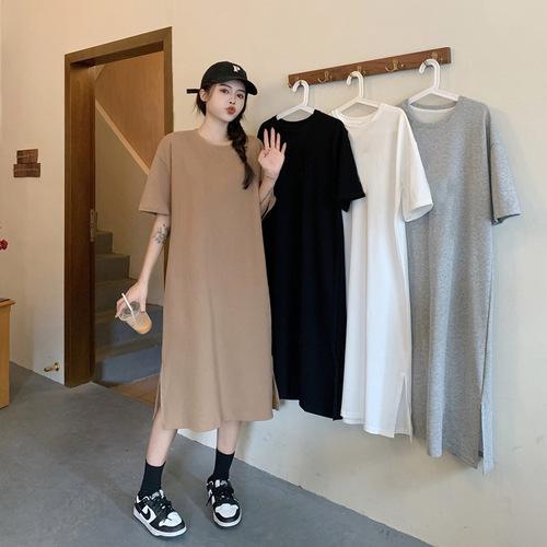 Large size short-sleeved slit dress for women in summer loose solid color mid-length over-knee slit long round neck T-shirt