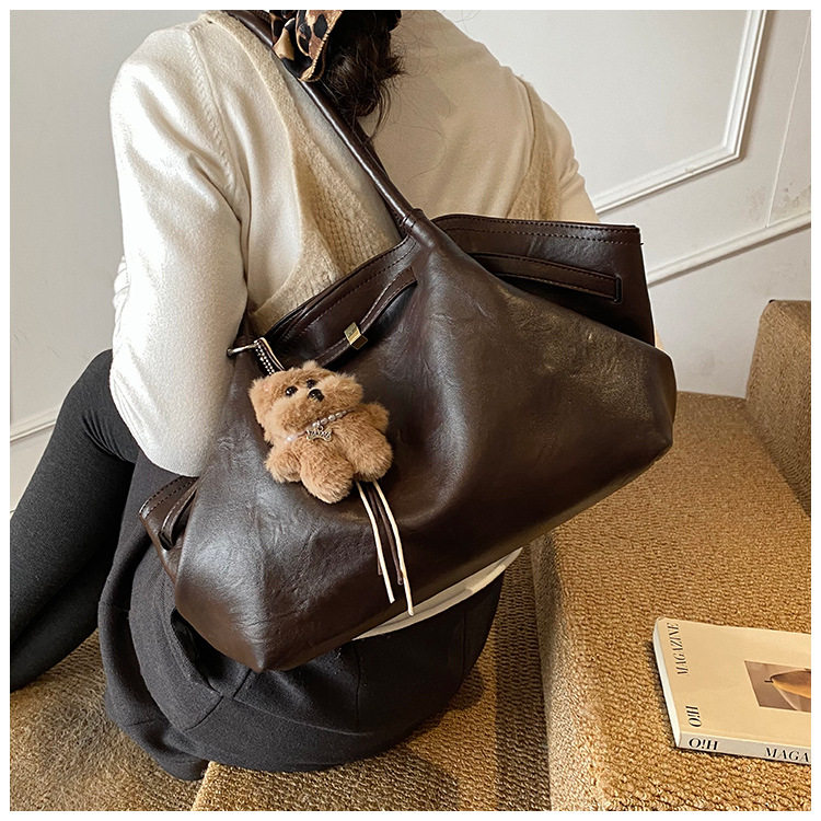 Túi xô nữ dáng tote xách tay dung tích lớn phong cách retro, đeo vai và kẹp nách — Màu nâu cà phê không kèm phụ kiện, Màu nâu không kèm phụ kiện, Màu đen không kèm phụ kiện, Màu nâu có móc treo chi tiết 10
