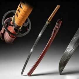 手工大马士革纹居合刀东洋武士长刀工艺摆件katana日本刀未开刃