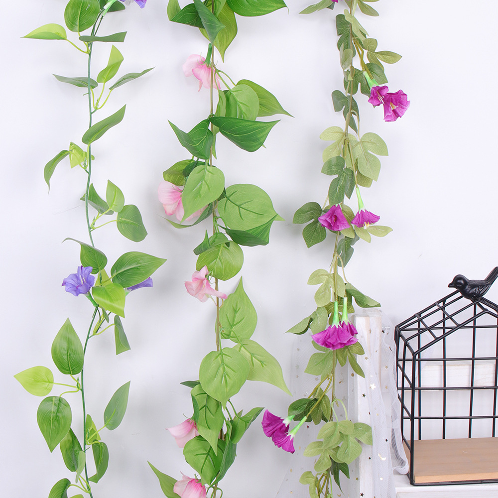 Gloria de La Mañana artificial ratán interior techo tubo sinuoso decoración al aire libre cerca artificial tela seda trompeta flor