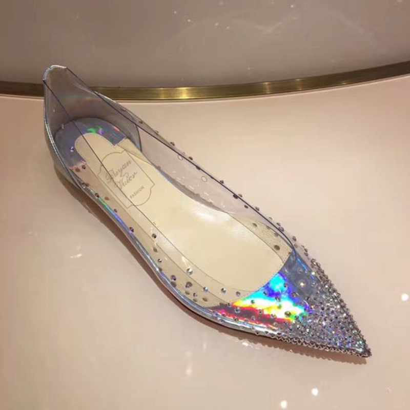 [Spot] a generation of rhinestone transparent flat shoes women pointed crystal shoes stars silver shoes wedding