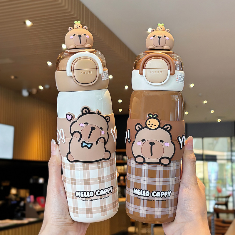 かわいい Kapibara チェック柄学生ポータブル魔法瓶カップロックデザインワンカップダブルドリンクシリコンノズル飲料カップ|undefined