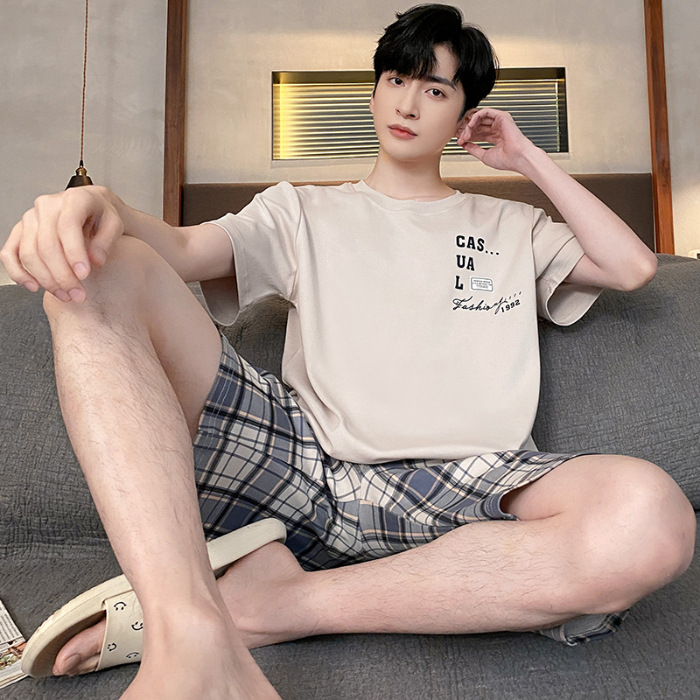 Pijamas de verano de los hombres de algodón artificial de cuello redondo jersey de manga corta pantalones cortos traje casual desgaste del hogar se puede usar fuera supermercado