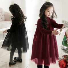 Korean Version Girls' Dress New Standing Collar Net Fabric Children Large Size Fat Kids Loose Middle Small Big Children Long Autumn Winter Dress