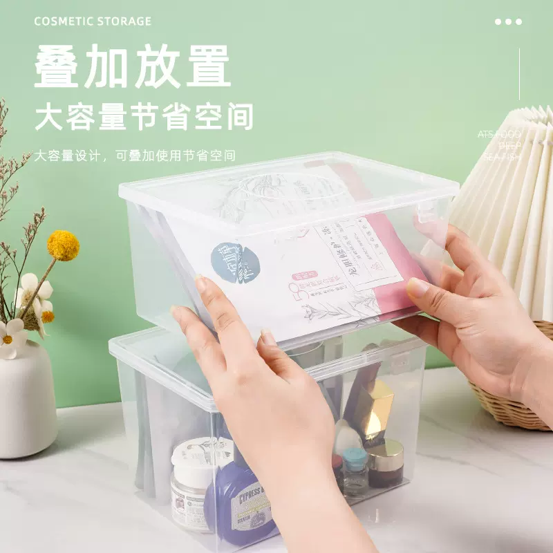 便捷桌面收纳盒家用带盖防尘药品储物盒化妆品收纳神器透明塑料盒