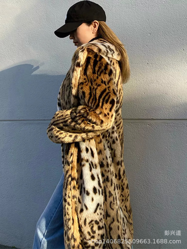 Foreign trade export autumn and winter New leopard print imitation fur coat women's fashion suit collar fur coat long coat Foreign trade export autumn and winter New leopard print imitation fur coat women's fashion suit collar fur coat long coat