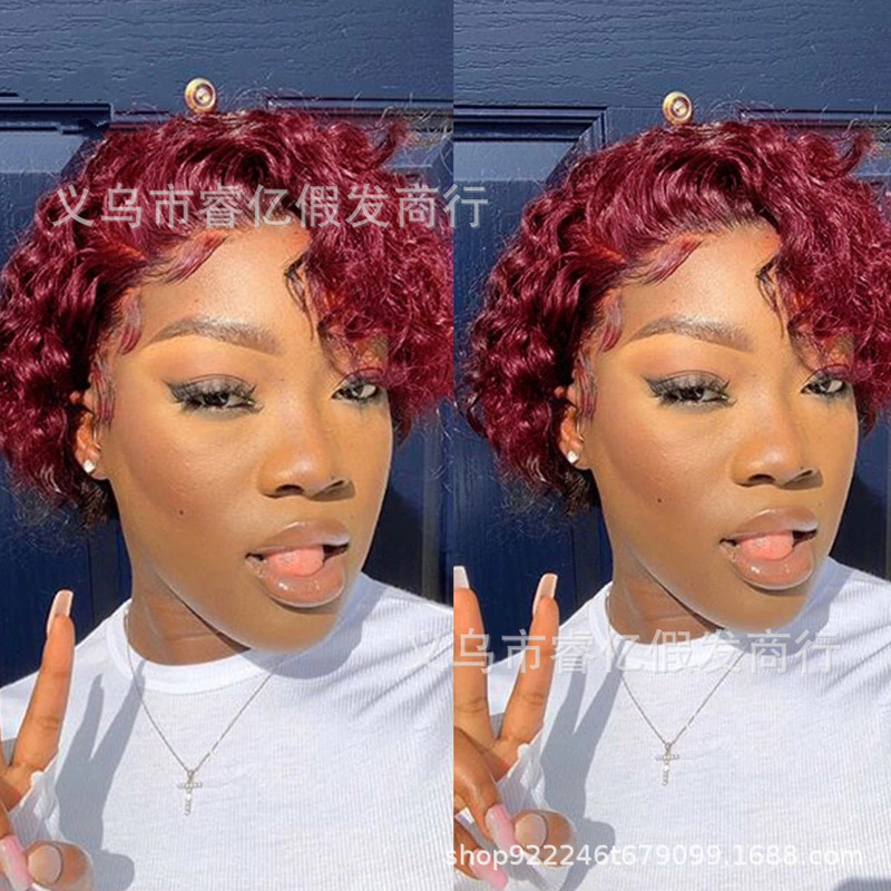 2021 Ruiyi hot selling European and American wig with wine red small curly short curly hair daily wig 2021 Ruiyi hot selling European and American wig with wine red small curly short curly hair daily wig