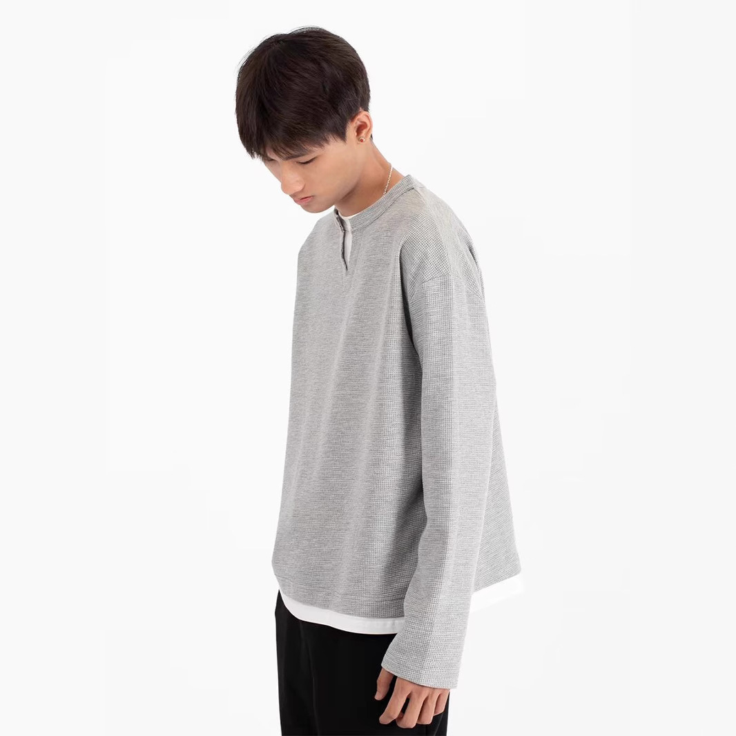 Men's Clothing Waffle Knit Henley Neck Long Sleeve T-Shirt With Double-Layered Collar & V-Neck Design - Casual Loose Fit Pullover For Everyday Wear_voghion.com