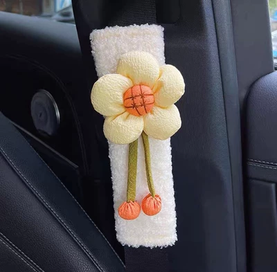 Car Seat Belt Shoulder: Seat belt shoulder pad - white-milky-white-five-petal-flower-20cm7cm