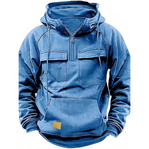 Spring and Autumn Men's Hooded Solid Color Sweatshirt, European and American Youth Sports Multi-Pocket Faux Fur Sweatshirt Jacket