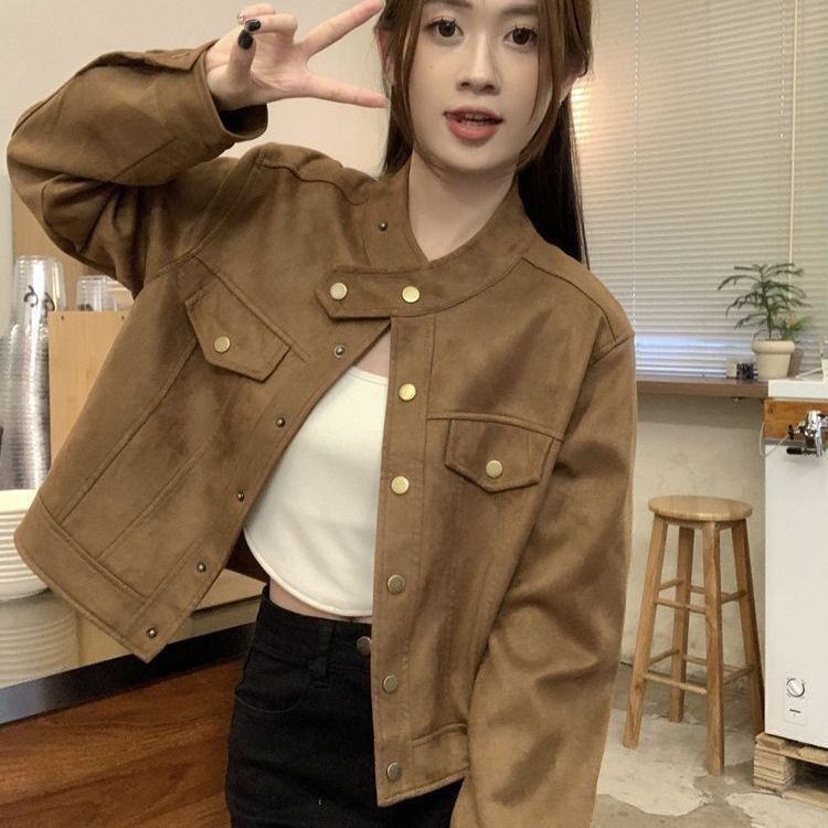 美拉德穿搭立领洋气外套女秋冬感复古宽松短款夹克麋鹿皮外套|undefined