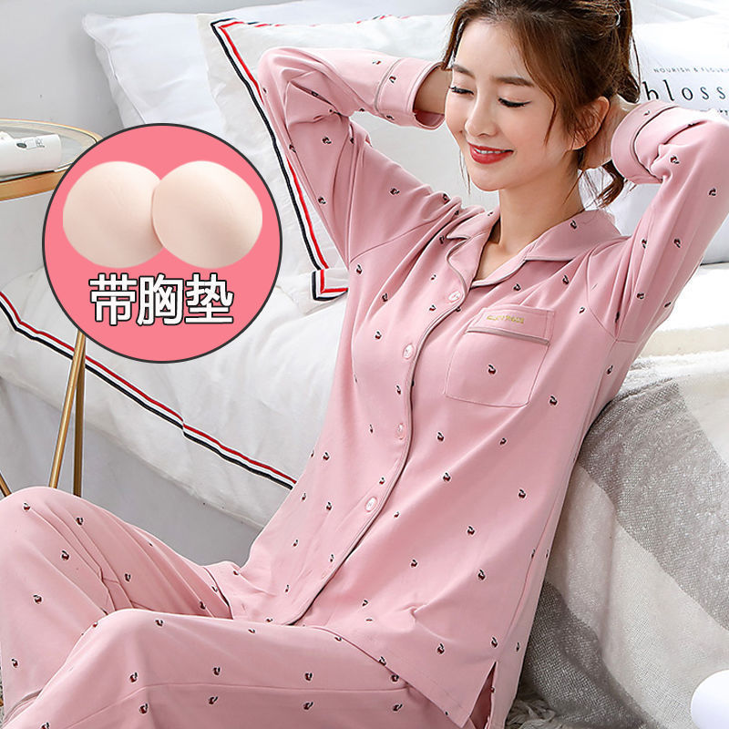 Pijamas de algodón con almohadillas para el pecho para mujer, pantalones de manga larga para primavera y otoño, trajes finos de talla grande para primavera y otoño, ropa para el hogar