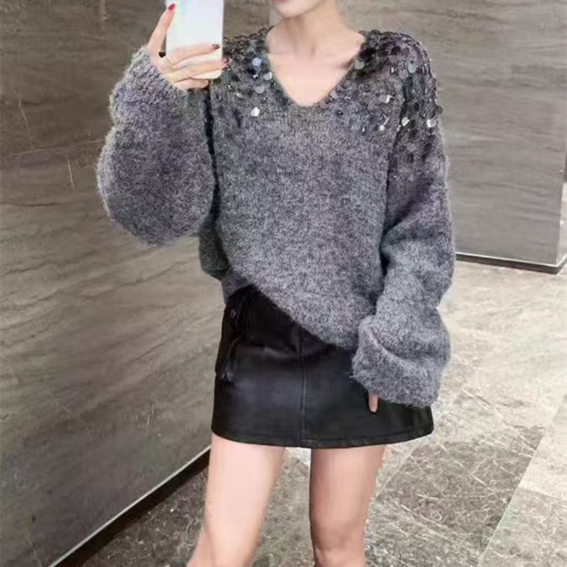 设计感V领亮片针织套头毛衣女2025秋冬新款慵懒风内搭针织上衣女|undefined