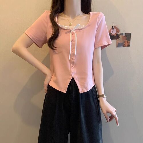 Pink Square Collar Regular Shoulder Short Sleeve Women's T-Shirt 2025 Summer MM Slimming Bowknot Lace Splicing Short-sleeve Top
