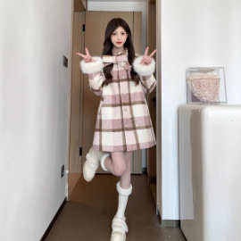 韩系甜美高级感粉色格子毛呢大衣蝴蝶结呢子外套女冬季小个子套装