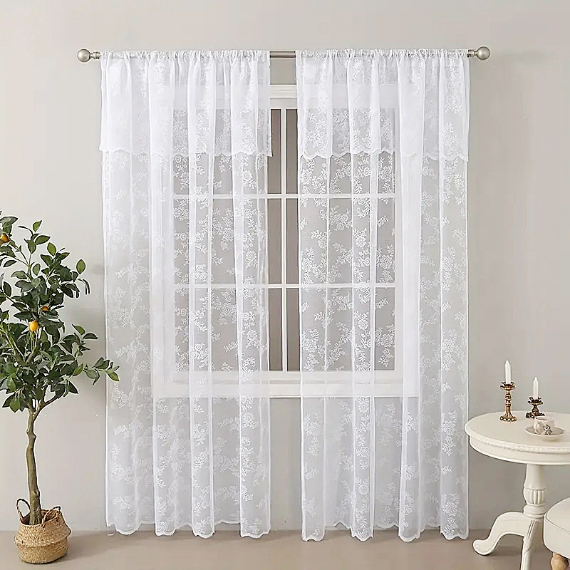 White Rose Wave Lace Curtain Living Room Bedroom Semi-Shading Transparent Partition Door Curtain Office Home Decoration