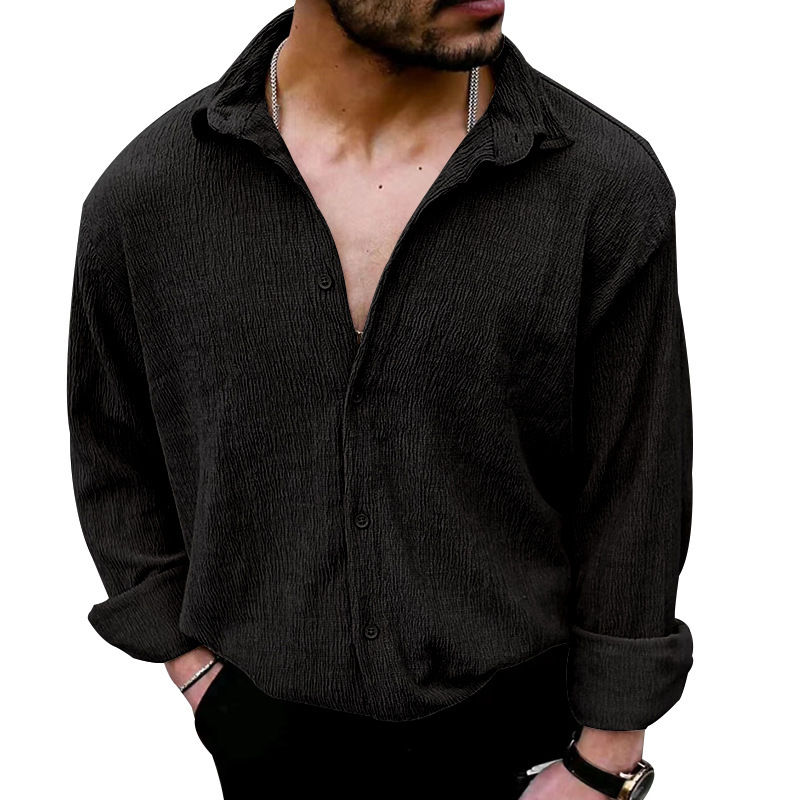Men's Wrinkle Fabric Cardigan Solid Colour Casual Overcoat Style_voghion.com