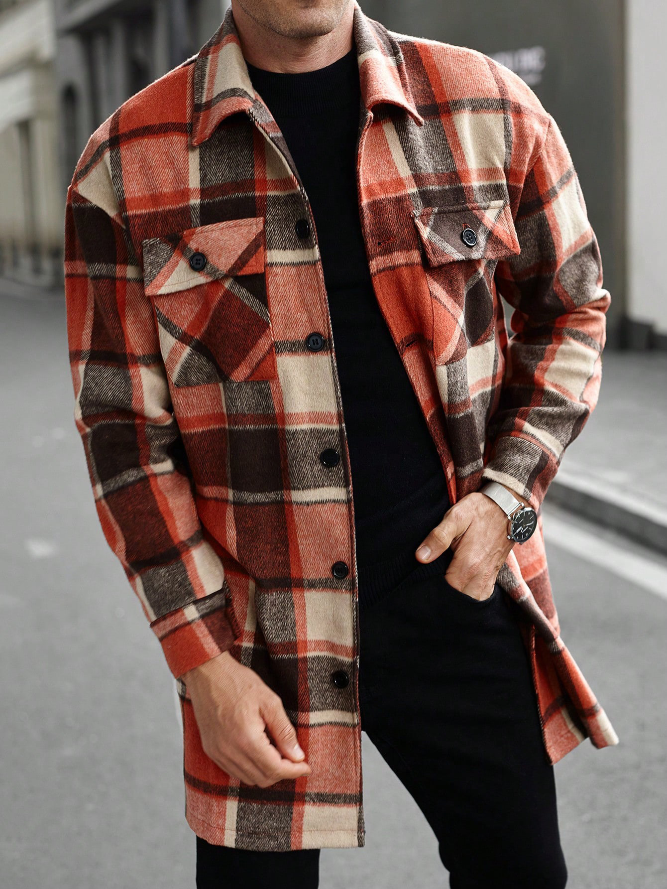 Europa y los Estados Unidos transfronterizos Amazon nuevo chaqueta de hombre camisa deportiva casual larga botón de doble bolsillo abrigo para hombre