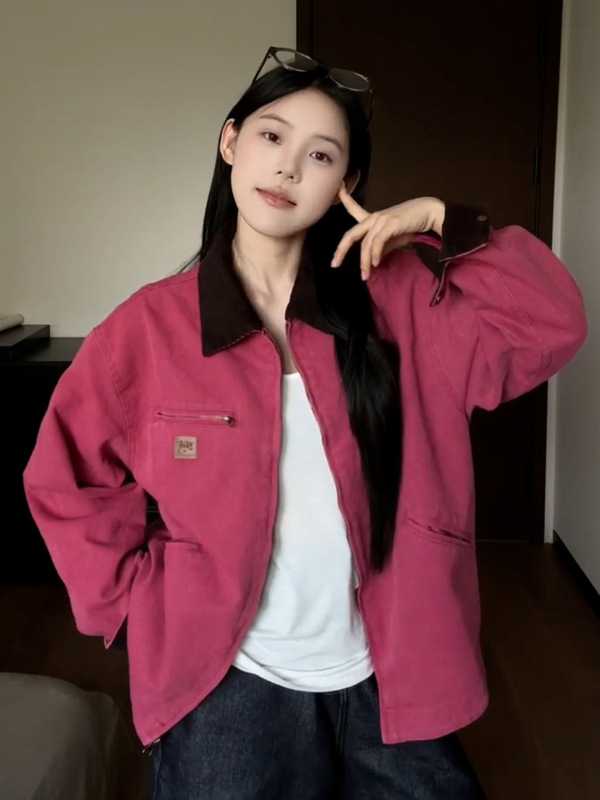 美式复古粉红色工装夹克外套女早秋季2025新款小个子薄款宽松上衣|undefined