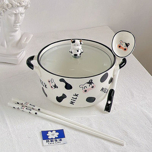 Cow Ceramic Instant Noodle Bowl for One Person, Cute Large Capacity Double-Eared Soup Bowl with Lid, Student Home Snail Noodle Bowl