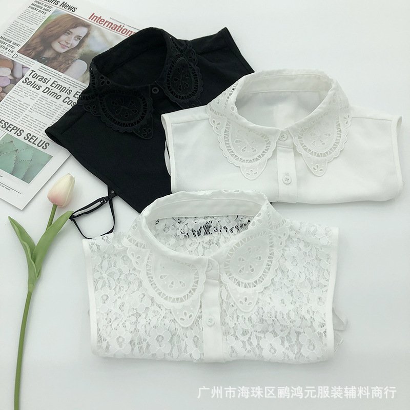 Embroidered hollow pattern fake collar chiffon lace two kinds of material black and white two-color fake collar