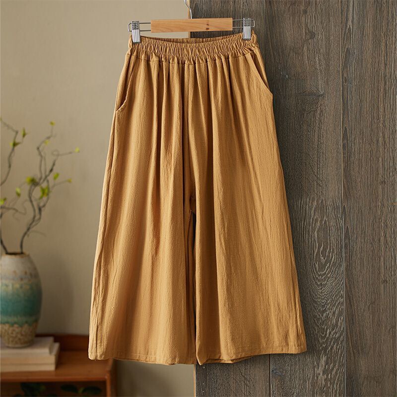 Cotton and Linen Cropped Pants Simple Style Solid Color Hong Kong Style Summer New Slimming Wide-Leg Pants Loose Artistic Casual Pants Retro Cotton and Linen Cropped Pants Simple Style Solid Color Hong Kong Style Summer New Slimming Wide-Leg Pants Loose Artistic Casual Pants Retro