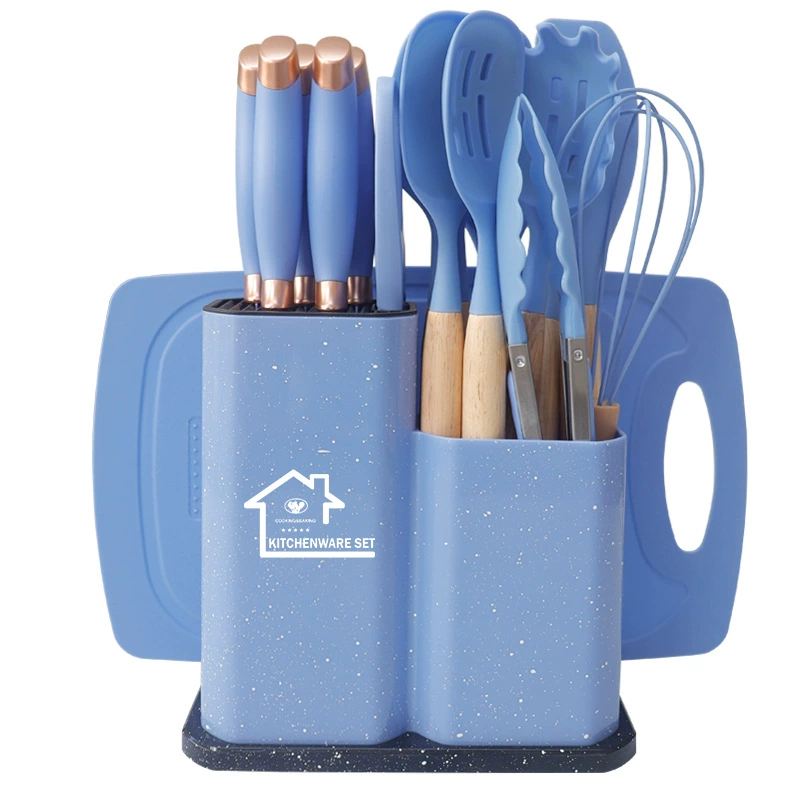 19-piece silicone kitchenware set, marble pattern with knife and holder, Nordic colors