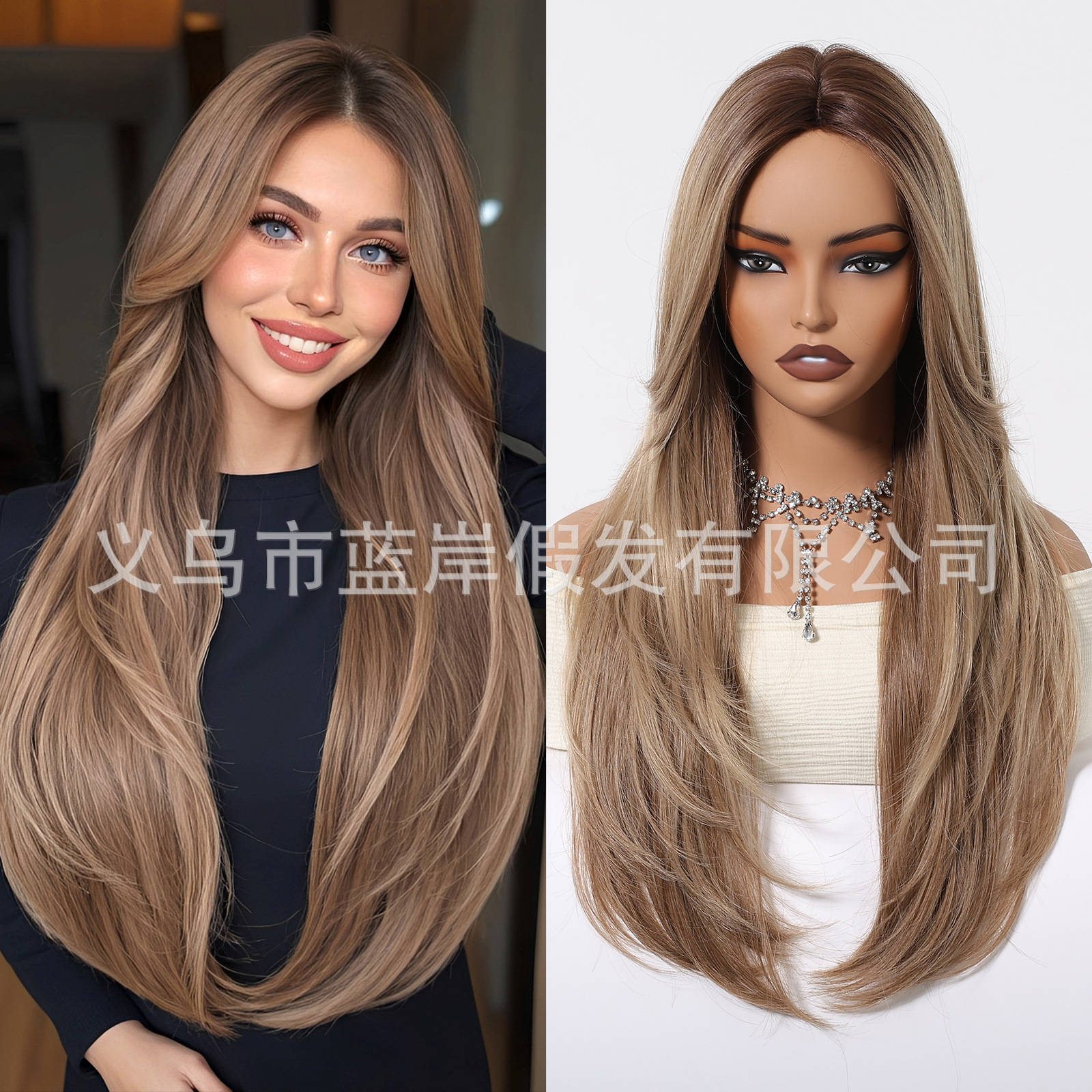 Peluca transfronteriza, flequillo largo de ocho caracteres para mujer, cabello lacio marrón claro, moda, natural, sin costuras, todo en stock de fábrica