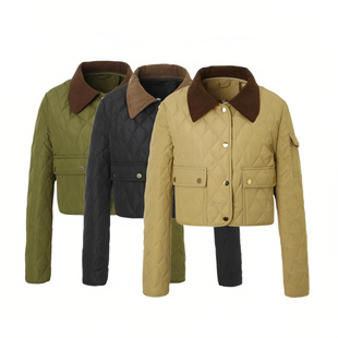 【Autumn/Winter】Apricot Corduroy Color-Blocked Collar Diamond-Patterned Short Cotton Jacket for Women, Thickened and Warm, Workwear Style, Japanese and Korean Style