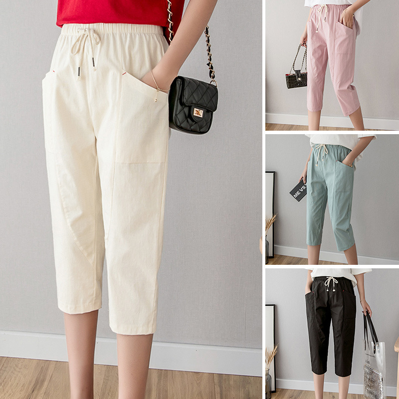 Korean-style Cotton-linen Capri Pants Women's Pants Summer New Mid-high Waist Thin Sports Pants Women's Lace-up Loose Casual ins