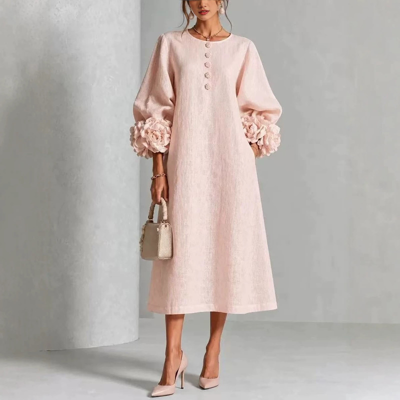 2026 New Bubble Sleeve Round Neck Dress for Women, Elegant Mid-Length Cotton-Linen Style with Rose Flower Cuffs and Long Sleeves