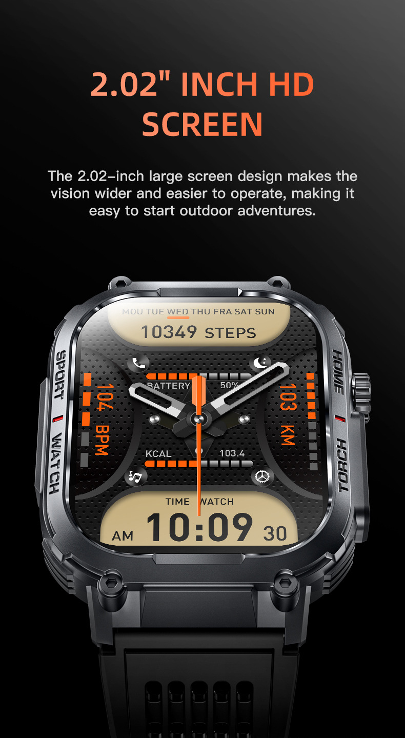 The new outdoor sports smartwatch S320B features Bluetooth communication and is water-resistant with a compass and 3ATM Specification drawing