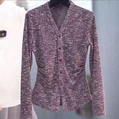 一件代发2025秋季款时尚v领气质纯色长袖洋气百搭减龄打底衫上衣