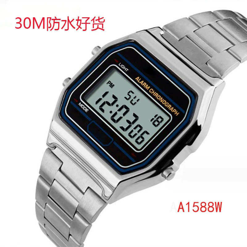  retro Digital Watch 159W, унисекс, 30 м водостойкость, металлический ремешок
