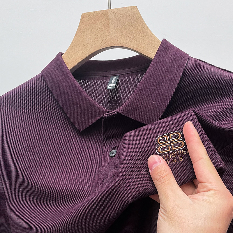 New spring and summer men's cotton polo shirt rhinestone embroidered solid color lapel T-shirt men's young and middle-aged casual polo shirt