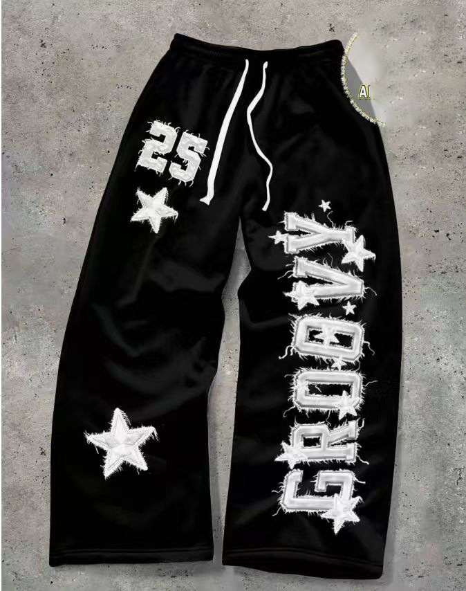 NOKOMETA American Retro Letter Star Printed Sweatpants, Trendy Brand Street Loose Drawstring Straight Sweatpants For Men And Women_voghion.com