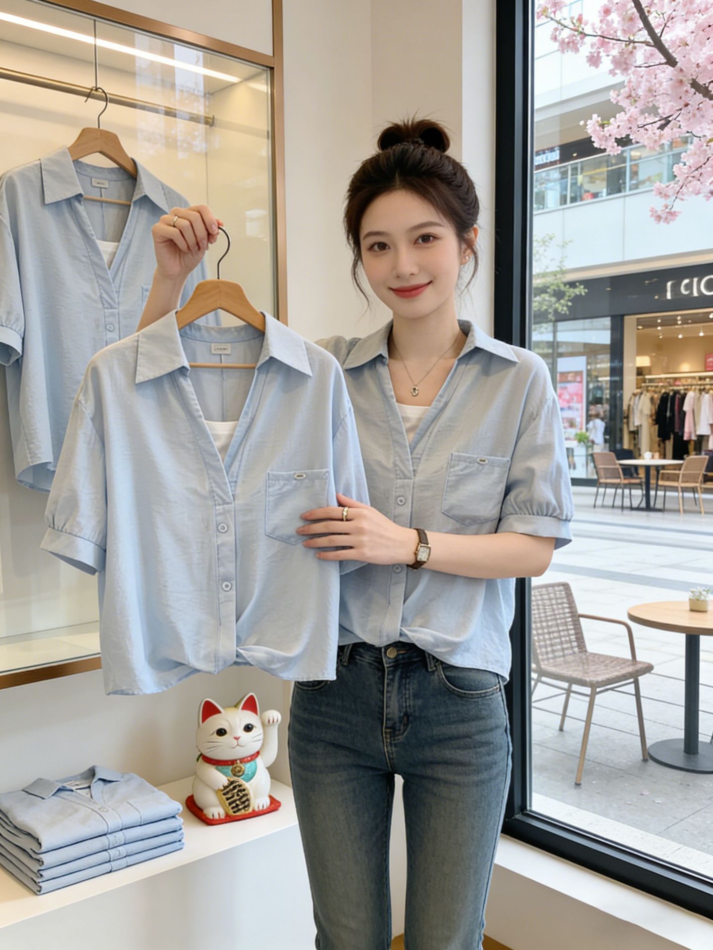 Áo sơ mi nữ tay ngắn giả hai lớp màu xanh lam thiết kế trẻ trung — xanh lam chi tiết 6