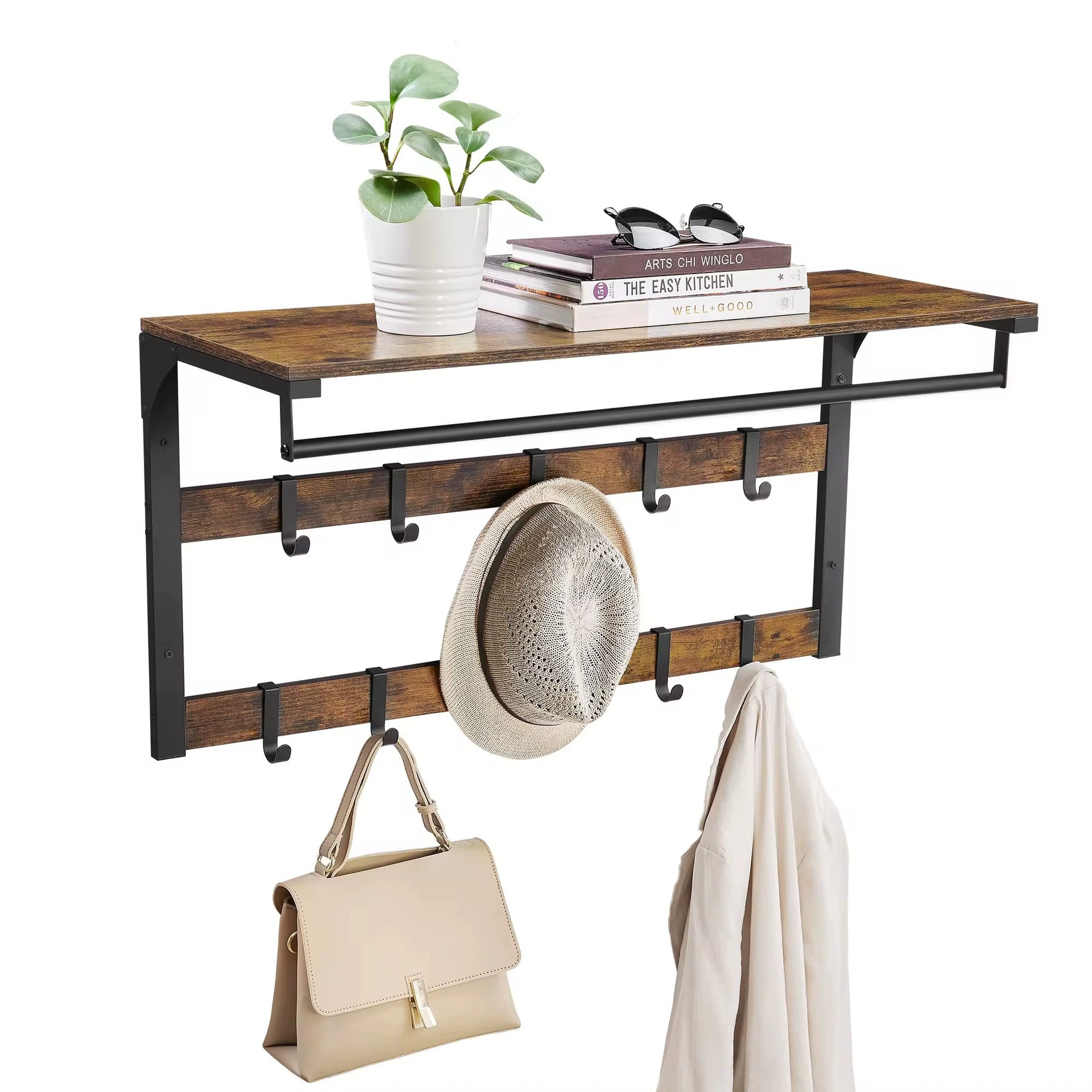 Металлическая вешалка для одежды в стиле кантри, настенная винтажная настенная полка с перегородными крючками, настенная вешалка для комнаты для хранения