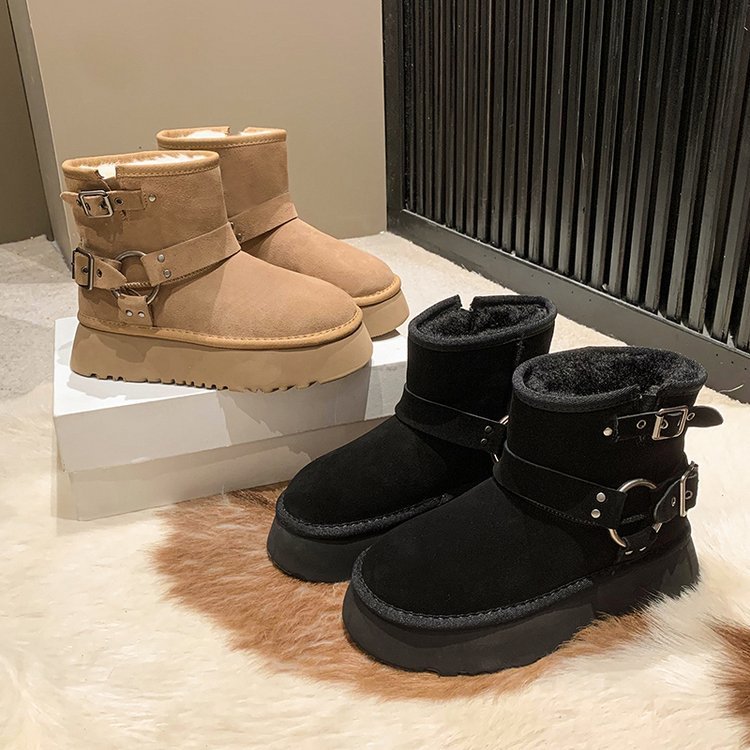 Cizme de zăpadă cu talpă groasă pentru femei, iarna 2023, noi, din pluș și izolație groasă, burete, cizme scurte de zăpadă din bumbac_voghion.com