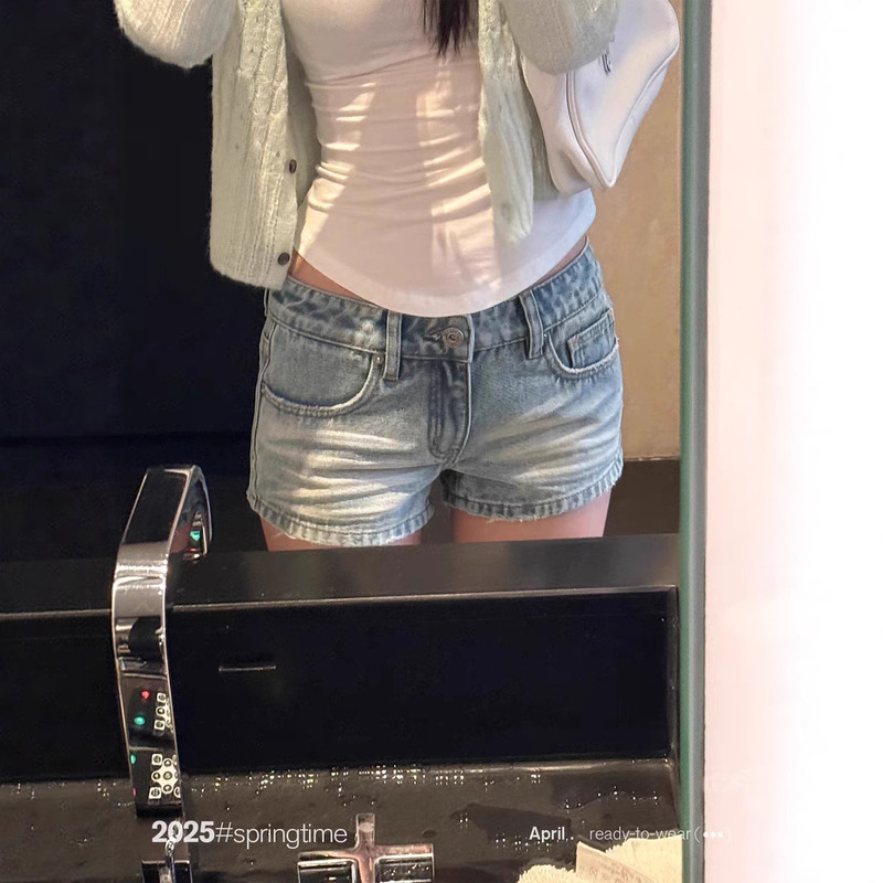 Sunoneone American-Style Denim Shorts for Women, Summer Low-Waist Slim-Fit Distressed Vintage Straight Casual Pants