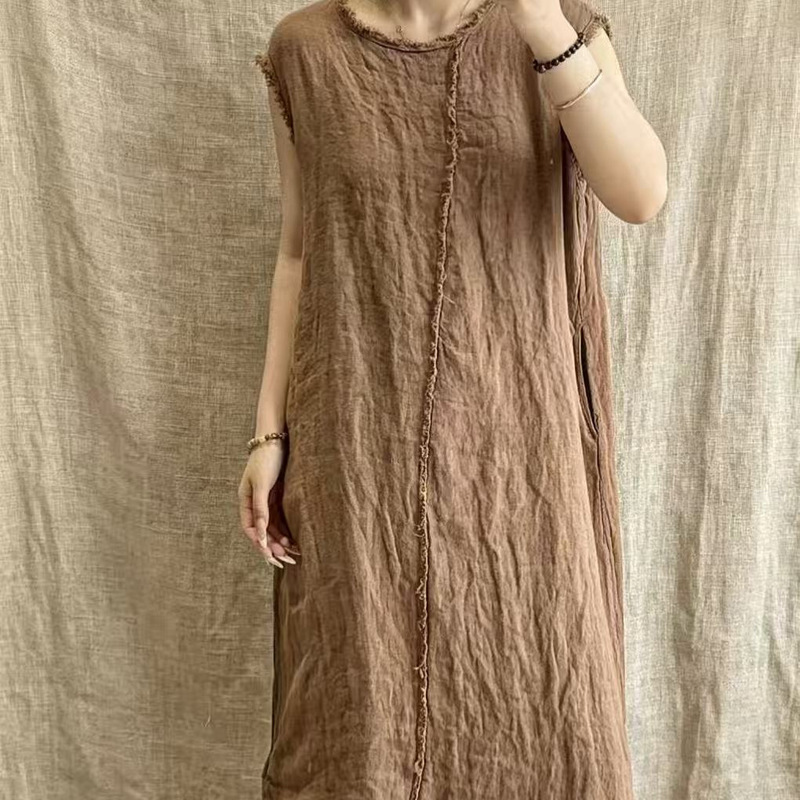2026 Summer Vintage Distressed Linen Round Neck Mid-Length Sleeveless Dress Loose Fit Versatile Robe 2026 Summer Vintage Distressed Linen Round Neck Mid-Length Sleeveless Dress Loose Fit Versatile Robe