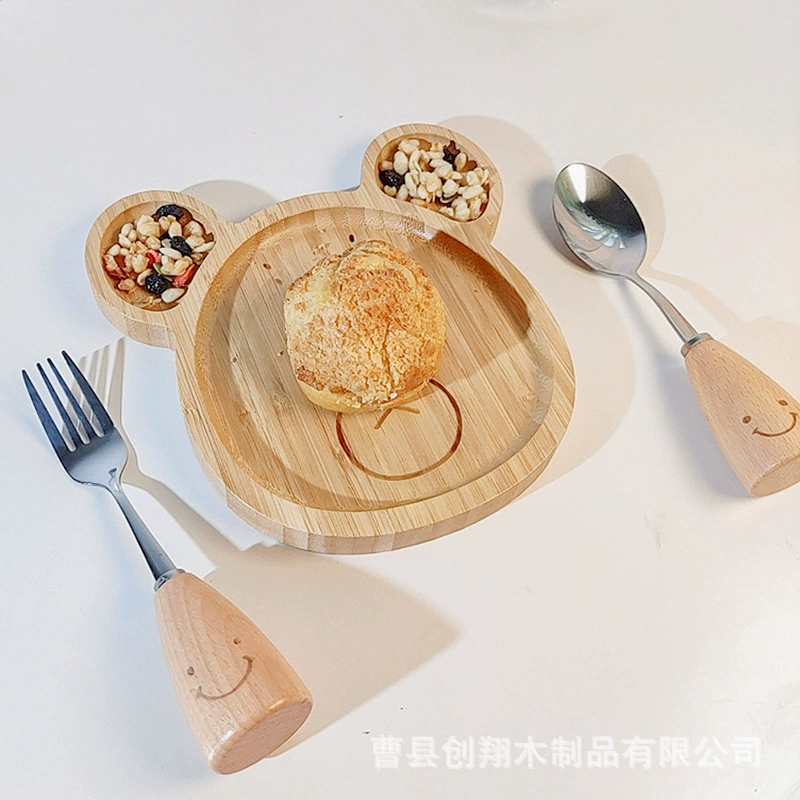 Деревянный поднос в стиле милого мультяшного медведя, обеденная тарелка из нержавеющей стали с деревянной ручкой, милый нож, вилка и ложка