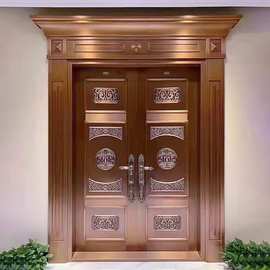 2022新款铜门豪华别墅大门双开四开不锈钢防盗家用农村子母仿铜门