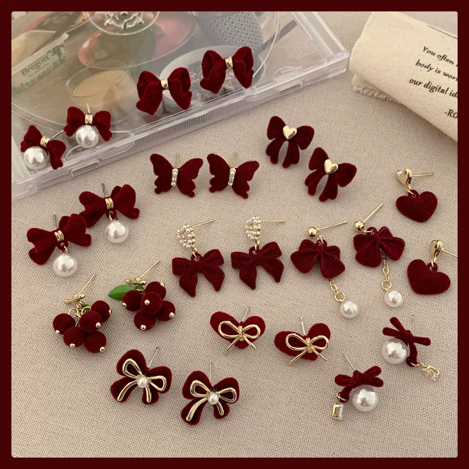 秋冬安可拉红植绒蝴蝶结耳环女银针甜美精致酒红气质毛茸茸耳饰