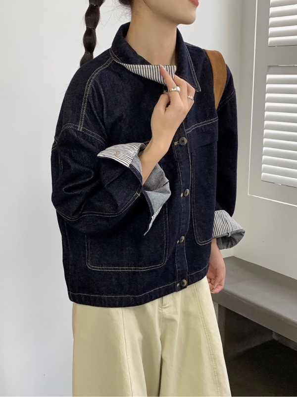 秋季深蓝色牛仔夹克上衣女2025感复古拼色宽松休闲短外套|undefined
