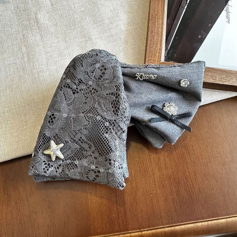 韩版发抓新品灰色布艺蝴蝶结鲨鱼抓夹蕾丝拼接布艺扎马尾发圈发绳|undefined